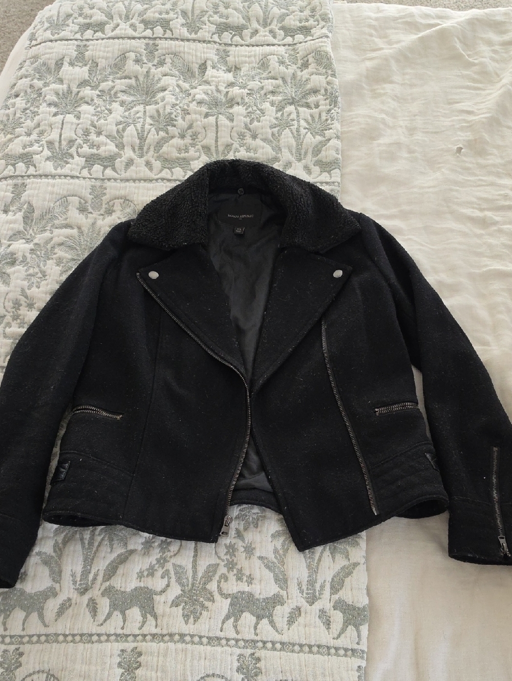 Banana Republic Black Sherpa-Trim Wool Moto Jacket